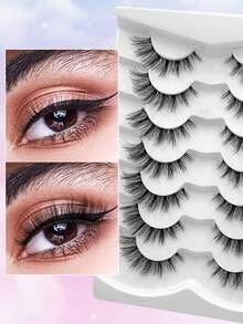 ENCHUW 7 Pairs False Eyelashes Natural Look Cat Eye Lashes With Clear Band Wispy Fake Eyelashes 3D Strip Lashes Soft Lashes Fluffy Natural Eye Lashes - Black - View 4