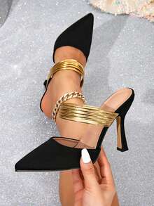 Sepatu hak tinggi model mule untuk wanita dengan ujung runcing, desain slip-on dengan tali emas metalik berlapis-lapis, hak stiletto melebar, sepatu mule untuk pesta malam. - Hitam - View 5