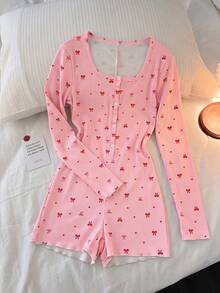 Girl Cute Bow Print Ribbed Pajama, Square Neck Long Sleeve Button Front Romper Sleepwear, Soft Stretchy Loungewear For Home Nightwear Teenager - Pink - View 3