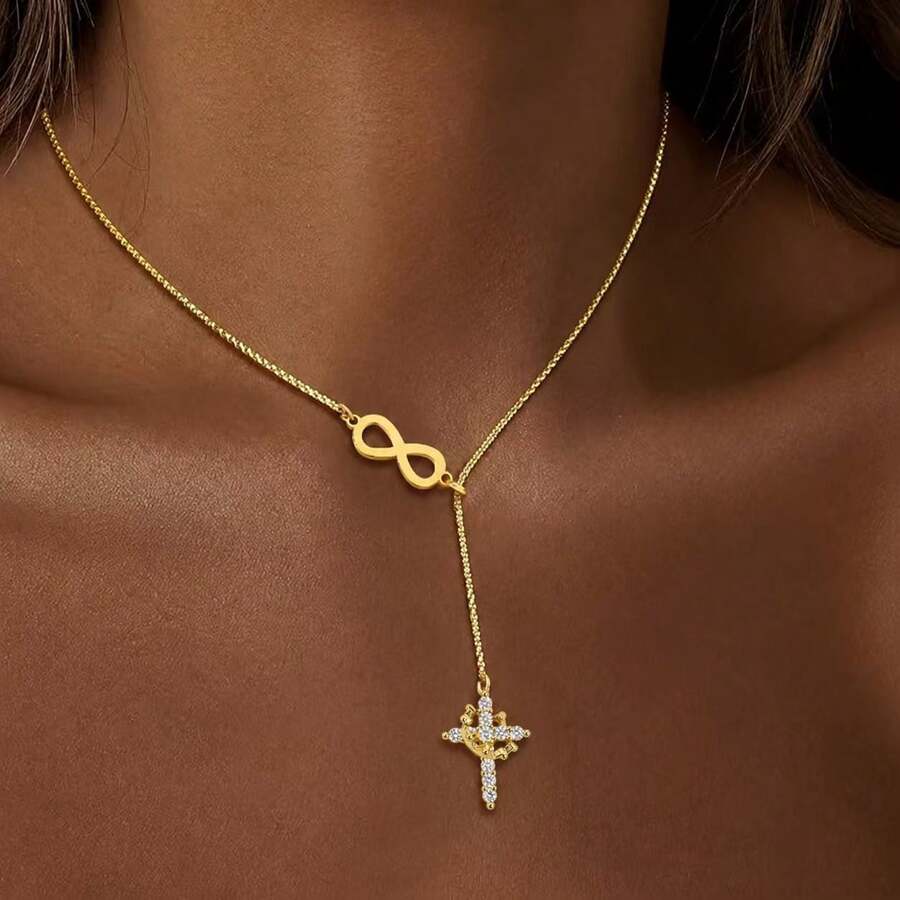 1pc New Fashion Cross Infinity Symbol Pendant Stainless Steel Chain Necklace For Women - Style 2 - View 1
