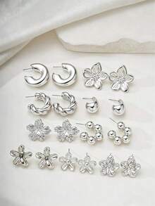 6/18PCS Fashionable Elegant Floral Geometric Multi- Silver Metallic Earring Set, Women's Fashion Earring Set, Daily Wear, (Lightweight CCB Material, Non-Fading) - Silver - View 2