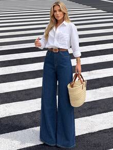 American Hot Girl Style Design Mid-Waist Denim Jeans, All-Season New Vintage Straight Leg Wide Leg Long Pants For Women Casual Fall - Dark Wash - View 3