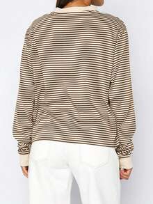 GLAMSKIN Women Color‑Block Striped Crew Neck Long Sleeve T‑Shirt,Simple Loose Fit Fall Basic Tee For Daily Wear&Office Commute - Apricot Coffee - View 2