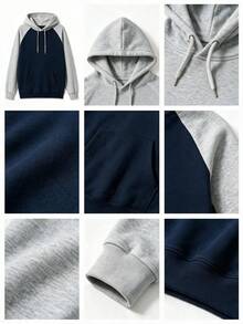 ZYNTH BALENO Men's Loose Drop Shoulder Patchwork Hooded Sweatshirt, Suitable For Sports, Outdoor, Indoor, Classic Solid Color Long Sleeve - Navy Blue - View 3