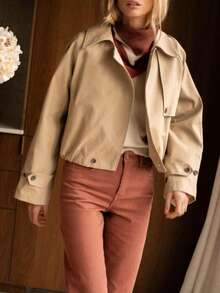 Women's Khaki Short Trench Coat Jacket, Ruched Hem And Lapel Design, Loose Casual Outerwear, Autumn New Arrival - Light Khaki - View 4
