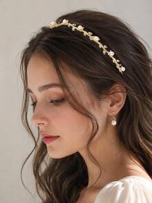 1pc Fashion Elegant Pearl Rhinestone Leaf Alloy Thin Headband Hair Accessory For Women, Suitable For Daily Wear, Party Decoration, Gift For Friends - Gold - View 1