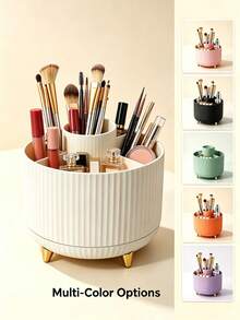 360° Rotating Makeup Organizer 1pc Plastic Cosmetic Storage 5-Compartment Design Can Store Brushes, Eyebrow Pencils And Lipsticks Portable Vanity Storage Box Suitable For Vanity, Bathroom, Office Desk Stationery Storage Or Travel Durable PP Material - Multicolor - View 3