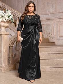 Plus Size Sequin Floral Lace Patchwork Ruffle Satin Long Evening Dress, Suitable For Wedding Guest, Formal Party, Gala, Celebration Elegant - Black - View 4