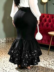 Plus Size Black Mermaid Maxi Skirt, Elegant Long Skirt With Sequins And Ruffle Hem, Knit Fabric Spring - Black - View 2