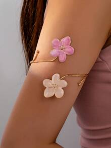 1pc Pink & White Enamel French Floral Arm Cuff | Gold-Tone Feather Arm Bracelet | Summer Beach Resort Jewelry - Pink - View 8