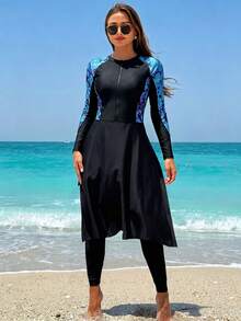 WaveBikini Burkini 女款保守式泳衣套裝，UPF 防曬，荷葉邊長袖，幾何印花，附裹身式長裙，適合海灘度假 - 彩色 - 查看 7