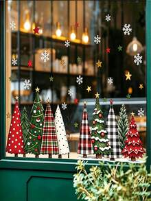 Plaid Buffalo Check Static Window Cling, Suitable For Christmas Tree, Snowflake And Star Decoration, Reusable PVC Film, Asymmetrical Shape, Suitable For Glass Door, Cafe, Farmhouse Country Style Winter Christmas Decor - Multicolor - View 5