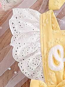 Set 2 Potong Bayi Perempuan Kasual Lucu Motif Bunga Bordir Huruf Romper dan Pita Hiasan Ruffle, Cocok untuk Pemakaian Sehari-hari dan Pesta - Kuning - View 6