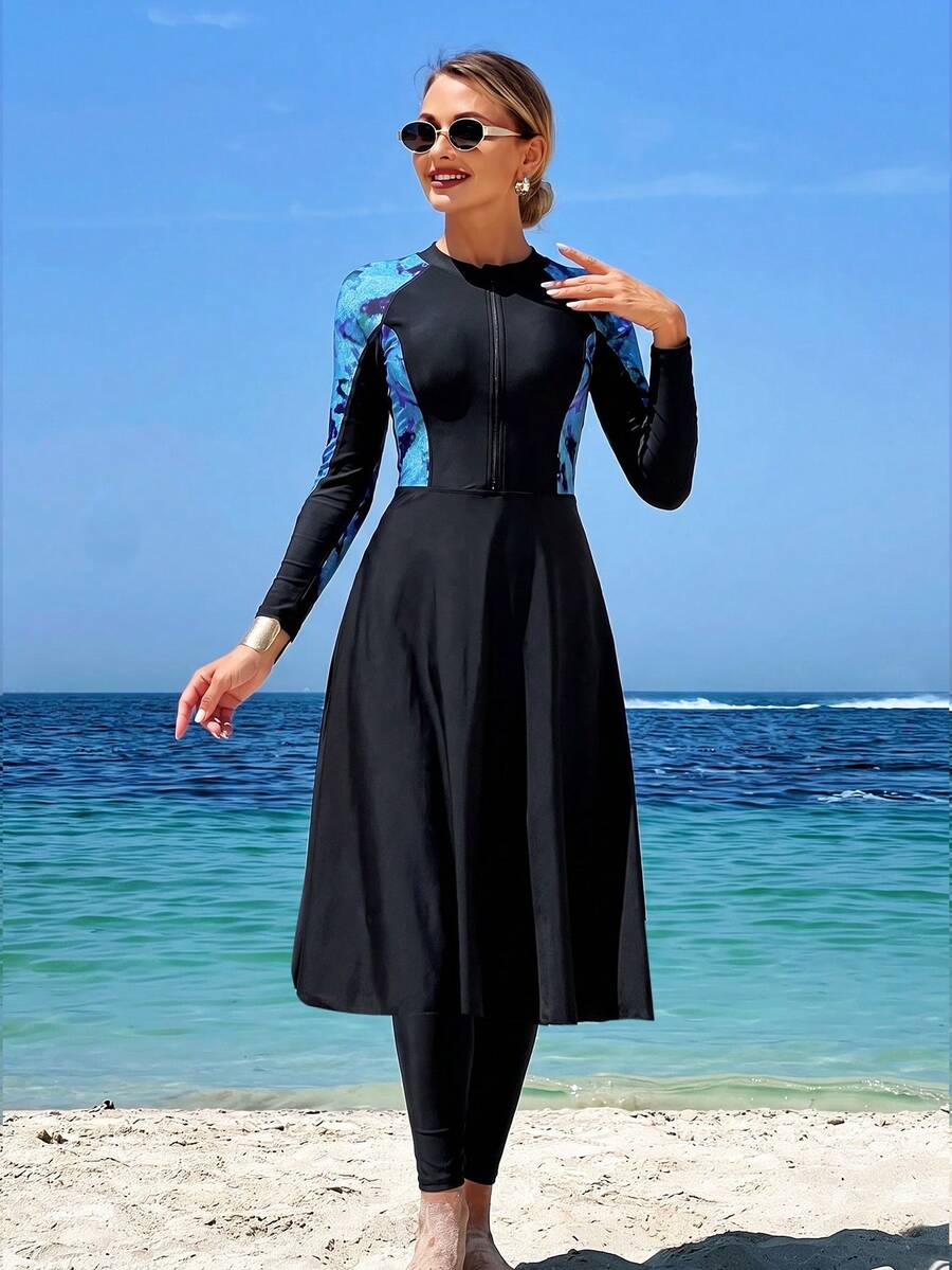 WaveBikini Burkini 女款保守式泳衣套裝,UPF 防曬,荷葉邊長袖,幾何印花,附裹身式長裙,適合海灘度假 - 彩色 - 查看 1