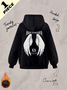 Autumn/Winter Y2K Unisex Hoodie With White Angel Wings Print, 'LOS ANGELES' & 'LA' Graphics, Black, Loose Fit, Long Sleeve - Black - View 2