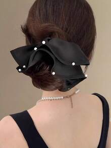 1pc Satin Pearl Lace Scrunchie, Pleated Fat Hair Tie For Bun And Low Ponytail - Black - View 3