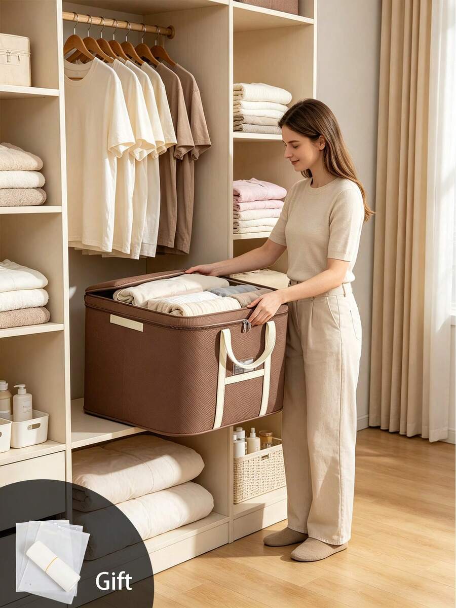 Extra Large Brown Foldable Fabric Storage Box, Multiple Sizes Available, Storage Bin With Zipper And Handle, Suitable For Bedding, Blankets, Pillows, Clothes, Toys, Bedroom Dorm Moving Packing Organizer - Multicolor - View 1