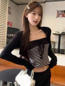 Fashionable 2 Pieces Set Black Elegant Long Sleeve Cardigan Short Jacket And Striped Bandeau Tank Top For Women Autumn/Winter - Black - View 5