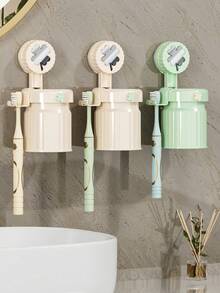 Wall-Mounted Bathroom Storage Rack, Suction Cup No-Drill Toothbrush And Toothpaste Holder, Toothbrush Holder With Integrated Cup, Bathroom Decor, Plastic, Bathroom Accessories, Home Bathroom Storage Supplies - Multicolor - View 8