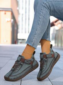 Women's 1 Pair Plus Size Wide Fit Solid Color Handmade Stitched Cargo Style Style Microfiber Leather Animal Park Walking Outdoor Hiking Fashion Versatile Rubber Non-Slip Wear-Resistant Sole - Army Green - View 3
