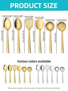 Set Peralatan Masak Dapur Logam 6 Buah, Sendok, Spatula, Sendok Sayur, Saringan Stainless Steel, Warna Emas dan Perak, Peralatan Dapur Tahan Lama, Cocok untuk Memasak Sehari-hari - - - View 2