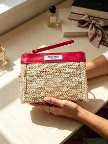 Contrast Color Straw Woven Patchwork Makeup Storage Bag, Zipper Wrist Strap Large Capacity Portable Toiletry Bag, Vacation Style Travel Organizer Bag, Travel Home Organization Essential, Birthday Holiday Gift For Best Friend, MIU MIU - Rose Red - View 2