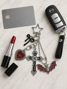 Gothic Cross Keychain, Dark Bow Bat Heart Pendant, Personalized Car Keychain, Bag Charm, Unique Birthday And Halloween Gift. - Multicolor - View 4