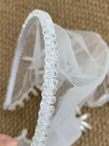 1PC Handmade Crystal And Pearl‑Edged Mesh Headband, Off‑White Beach Vacation Style Headscarf, Bridal Veil Hair Accessory - Off-white - View 5