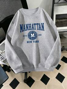 Women Crew‑Neck Sweatshirt, Simple Letter‑Print Casual Long‑Sleeve Pullover Top For Fall & Winter Daily Wear - Grey - View 7