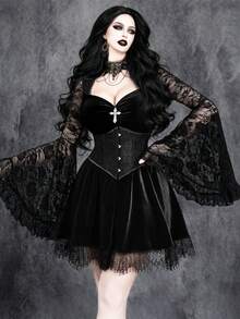 Gothic Sexy Velvet Stretch Dress With Metal Pendant, Dark Style, Lace Patchwork, Suitable For Halloween Party, Cosplay And Witch Style - Black - View 5