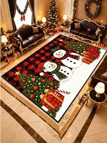 1pc Plaid Background With 2 Snowmen Christmas Tree Rectangular Crystal Velvet Rug, Christmas, Decorative Rug, Bedroom Decor, Large Rug, Rug, Home Decor, Living Room Rug, Living Room Small Rug, Bedroom Rug, Living Room Home Decor, Outdoor Rug, Washable Rug - Multicolor - View 4