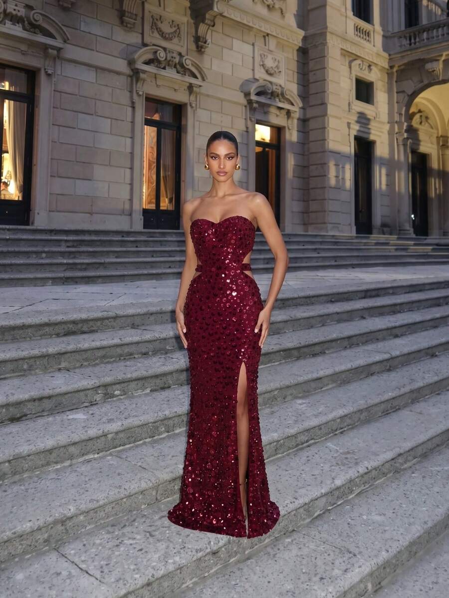 LOVE&LEMONADE Sexy Burgundy Strapless High Slit Backless Long Party Evening Dress - Burgundy - View 1