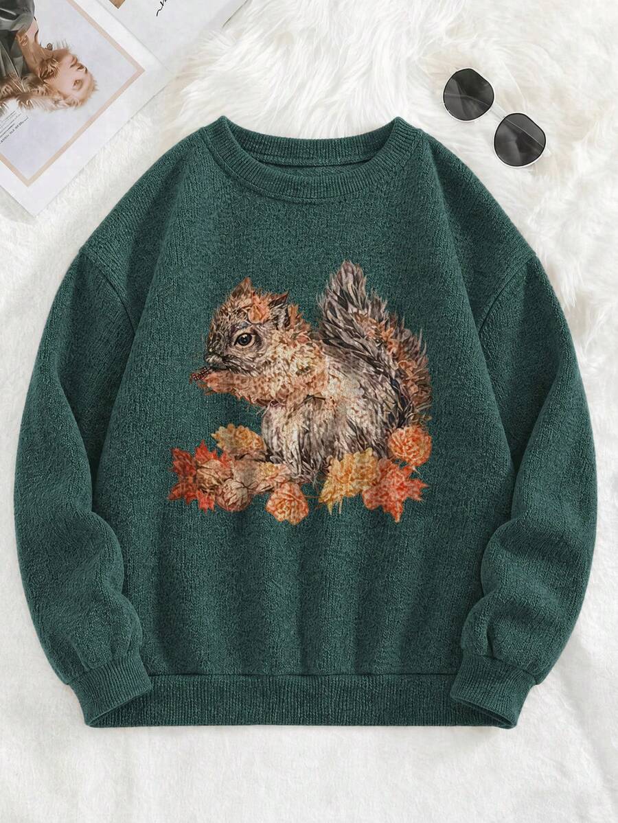 Plus Size Women's Knitted Sweater, Squirrel Pattern, Long Sleeve Crew Neck Regular Fit, Ideal Choice For Autumn Fall