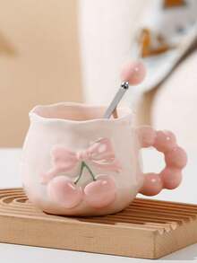 1pc Vintage Cherry Ceramic Mug, Embossed Tea Cup Halloween Mug With 3D Embossed Bow Design And Ribbon - Heat Insulated, Suitable For Office And Home Use, Perfect Gift Choice For Couples - Multicolor - View 3