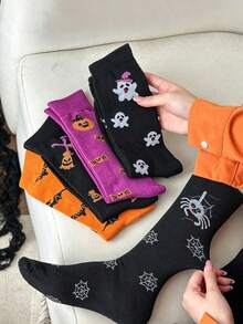 Random 3 Pairs Halloween Crew Socks For Women, Cute Ghost Pumpkin Bat Spider Web Candy Printed Mid‑Calf Socks, Fall Halloween Festival Casual Socks - Multicolor - View 3