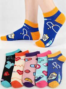 5 Pairs Fun Nurse Socks, Medical Theme Cartoon Design, Perfect Gift For Nurses, Doctors And Hospital Staff, Novelty Socks, Invisible Socks Random - Multicolor - View 2