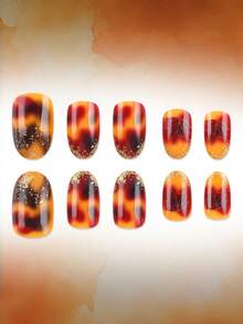 24pcs Short Oval False Nails, Amber Maple Leaf Gold Foil Vibe Wearable Nails, Full Coverage Removable Nail Set, Perfect For Ladies' Parties, Proms, And Everyday Wear - Multicolor - View 3