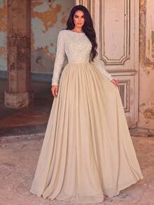 Elegant Women's Long Sleeve Boat Neck Chiffon Evening Gown, Embellished With Sequins And Pearls, Perfect For Formal Occasions And Graduation Proms - Apricot - View 3