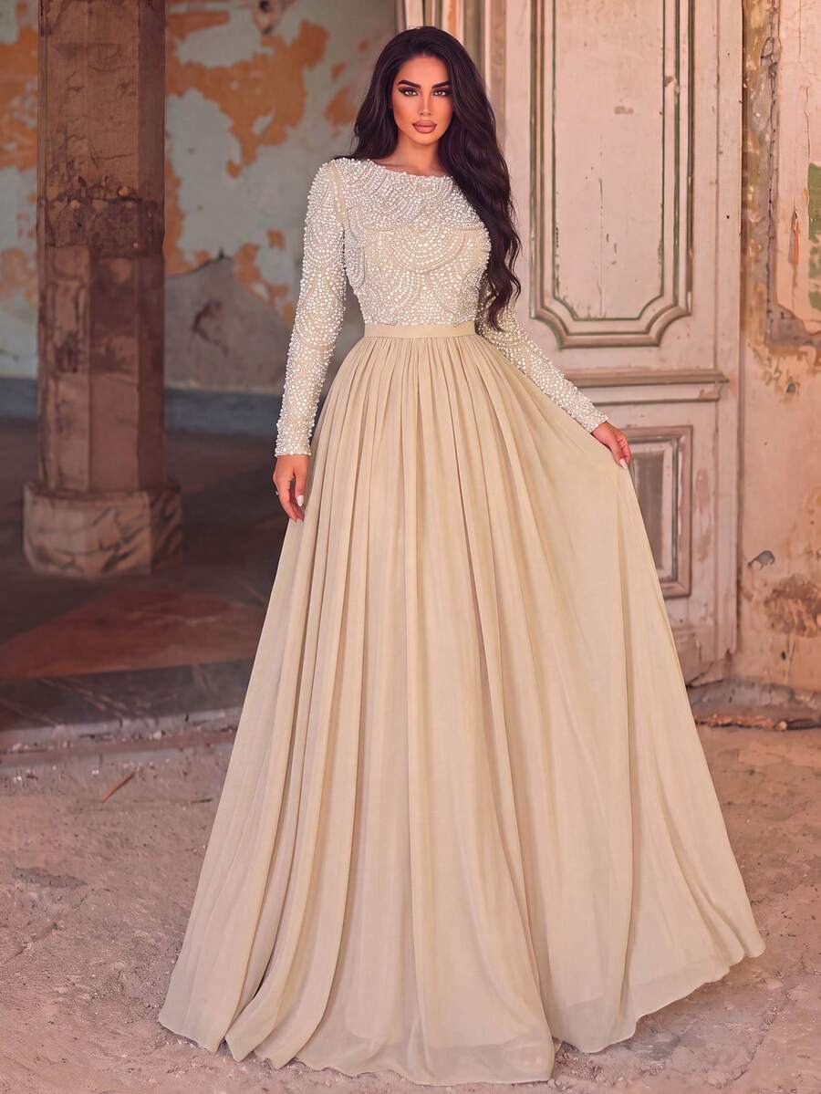 Elegant Women's Long Sleeve Boat Neck Chiffon Evening Gown, Embellished With Sequins And Pearls, Perfect For Formal Occasions And Graduation Proms - Apricot - View 1