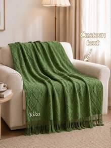 1PC Personalized Custom Name Embroidered Diamond Knit Throw Blanket With Tassel Fringe, 4 Colors Optional, Decorative Piece For Sofa Armchair Living Room, Ideal Holiday Birthday Gift For Family Members - Multicolor - View 2