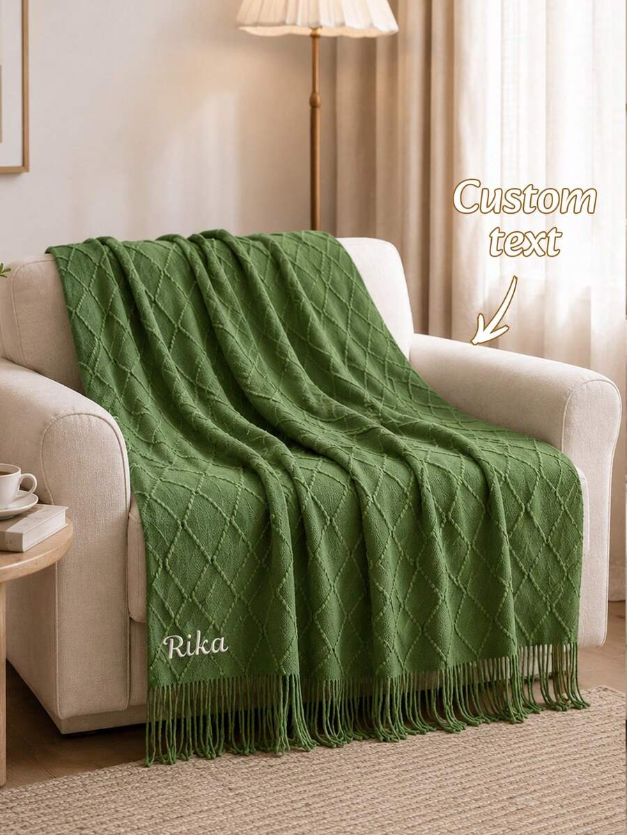 1PC Personalized Custom Name Embroidered Diamond Knit Throw Blanket With Tassel Fringe, 4 Colors Optional, Decorative Piece For Sofa Armchair Living Room, Ideal Holiday Birthday Gift For Family Members