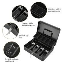 Lockable Cash Box With 2 Keys, Galvanised Steel Money Box, 5 Coin Compartments & 4 Banknote Holders, Portable Secure Money Storage Box For Business Market Household, Black - Cash Box - View 3