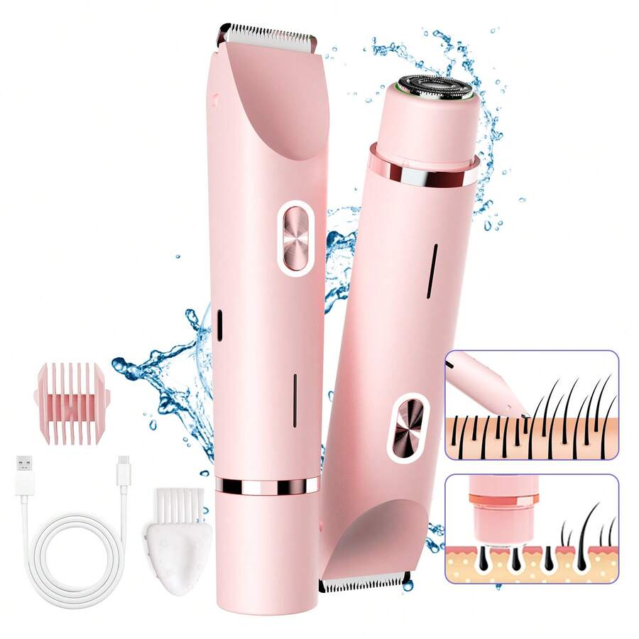 2‑In‑1 Dual‑Head Women Electric Shaver USB Rechargeable Waterproof Wet Dry Bikini Trimmer Full Body Hair Remover - Pink - View 1
