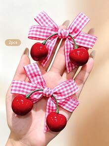 2pcs Sweet Style Cherry Bow Hair Clips Korean Fashion Hair Accessories Suitable For Daily Wear Affordable - Multicolor - View 3