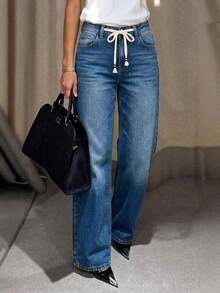 Washed Blue Autumn/Winter New Casual Loose Straight Wide Leg Drawstring Denim Jeans For Women - Blue - View 1