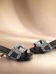 Etoivie Light Luxury Rhinestone H-Shaped Low Heel Sandals For Women, Square Toe Slides With Chunky Heel Halloween - Black - View 2