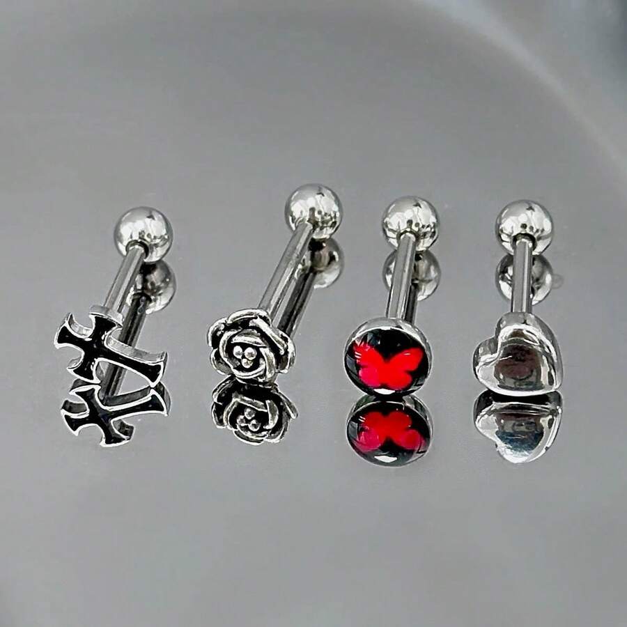 Cross & Rose Tongue Stud External Thread Sweet & Cool Hot Girl Tongue Ring Piercing Jewelry For Drinking, Halloween, Christmas, Everyday Wear - No. 2 - View 1