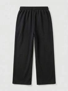 SU ER Men's Summer Loose Drawstring Elastic Waist Casual Pants, Relaxed Drape Wide Leg Curved Hem Long Trousers - Black - View 2