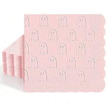 20/40/60pcs Halloween Ghost Embossed Cocktail Napkins, Pink Scalloped Edge Disposable Beverage Napkins, Birthday Party Baby Shower Table Decor - Ghost - View 1