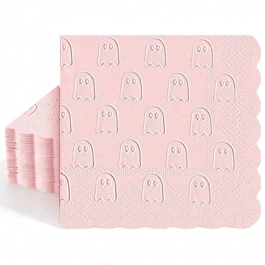 20/40/60pcs Halloween Ghost Embossed Cocktail Napkins, Pink Scalloped Edge Disposable Beverage Napkins, Birthday Party Baby Shower Table Decor - Ghost - View 1